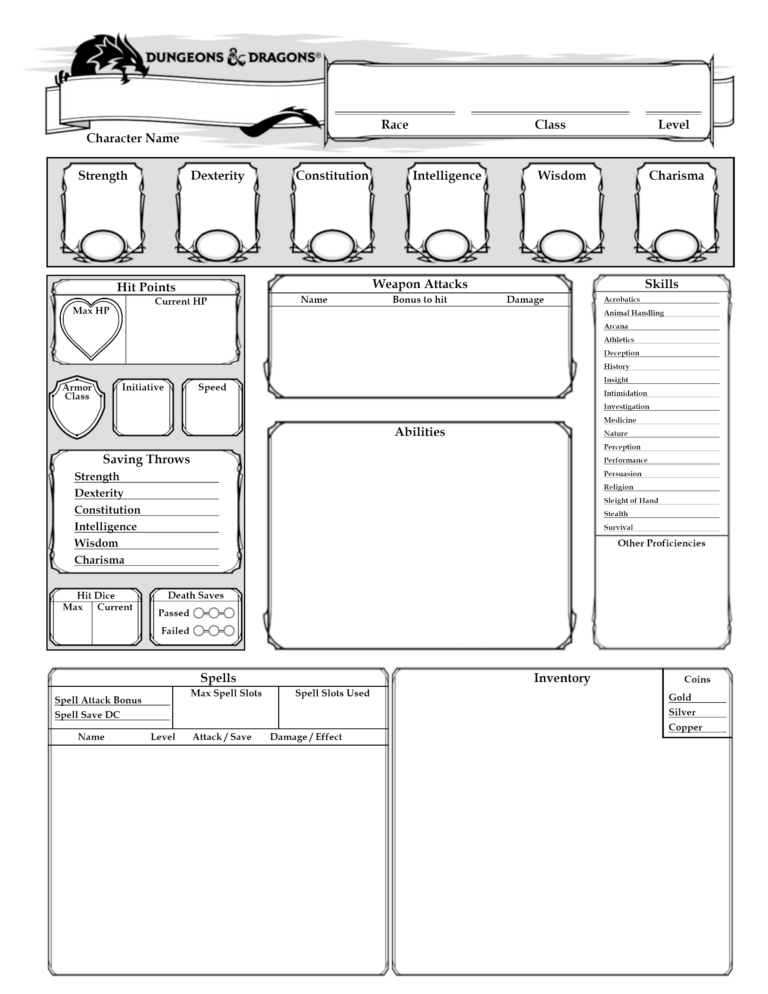 D&D Printable Character Sheet: Enhance Your Gaming Experience