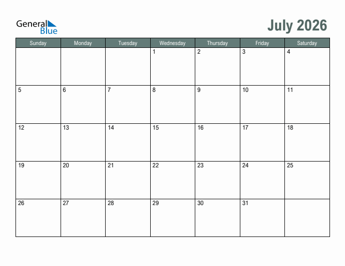 Free Printable July 2026 Calendar: Plan Your Month with Ease