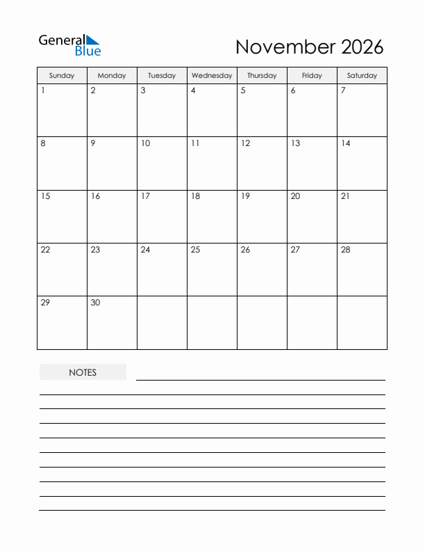 Free Printable November 2026 Calendar: Plan Your Month with Ease