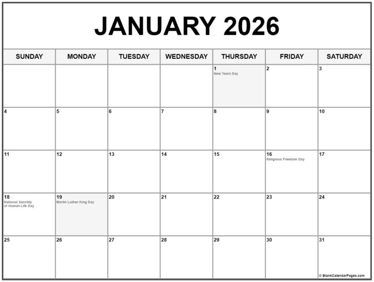 January 2026 Calendar With Holidays Printable