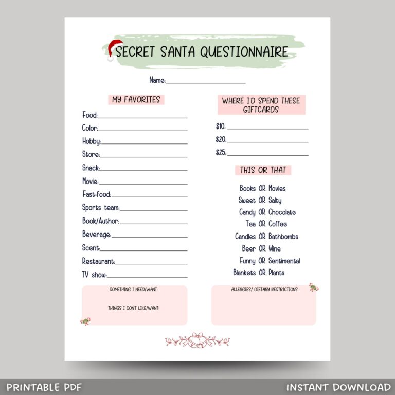 Secret Santa Printable Questionnaire: The Ultimate Guide to Stress-Free Gift-Giving