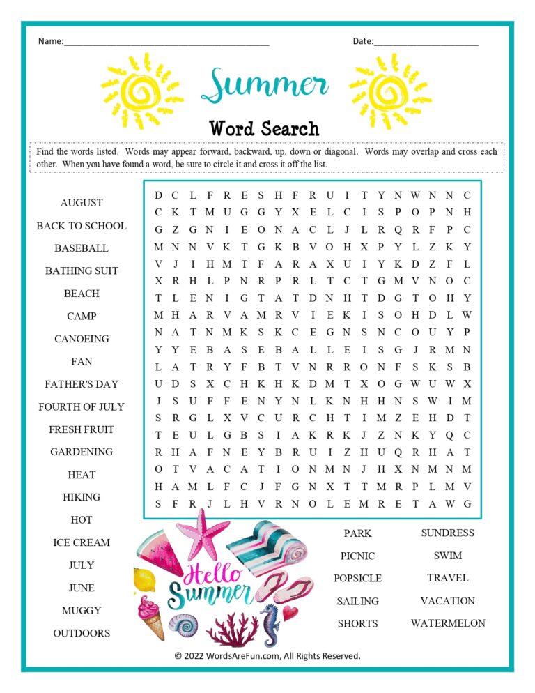 Summer Word Search Printable: An Educational Adventure for Kids