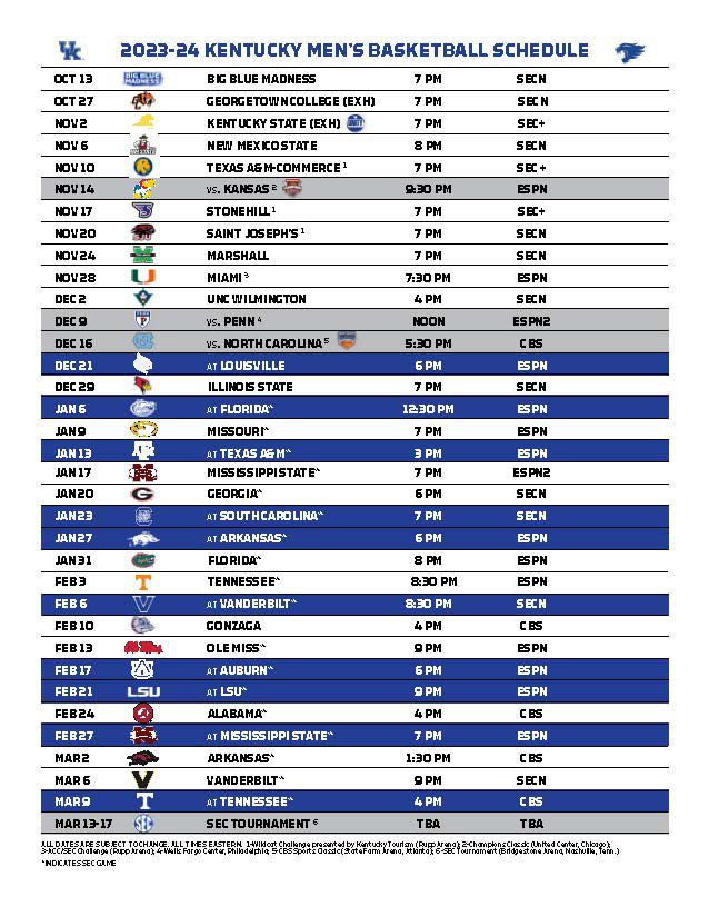 UK Basketball Schedule 2026-24 Printable