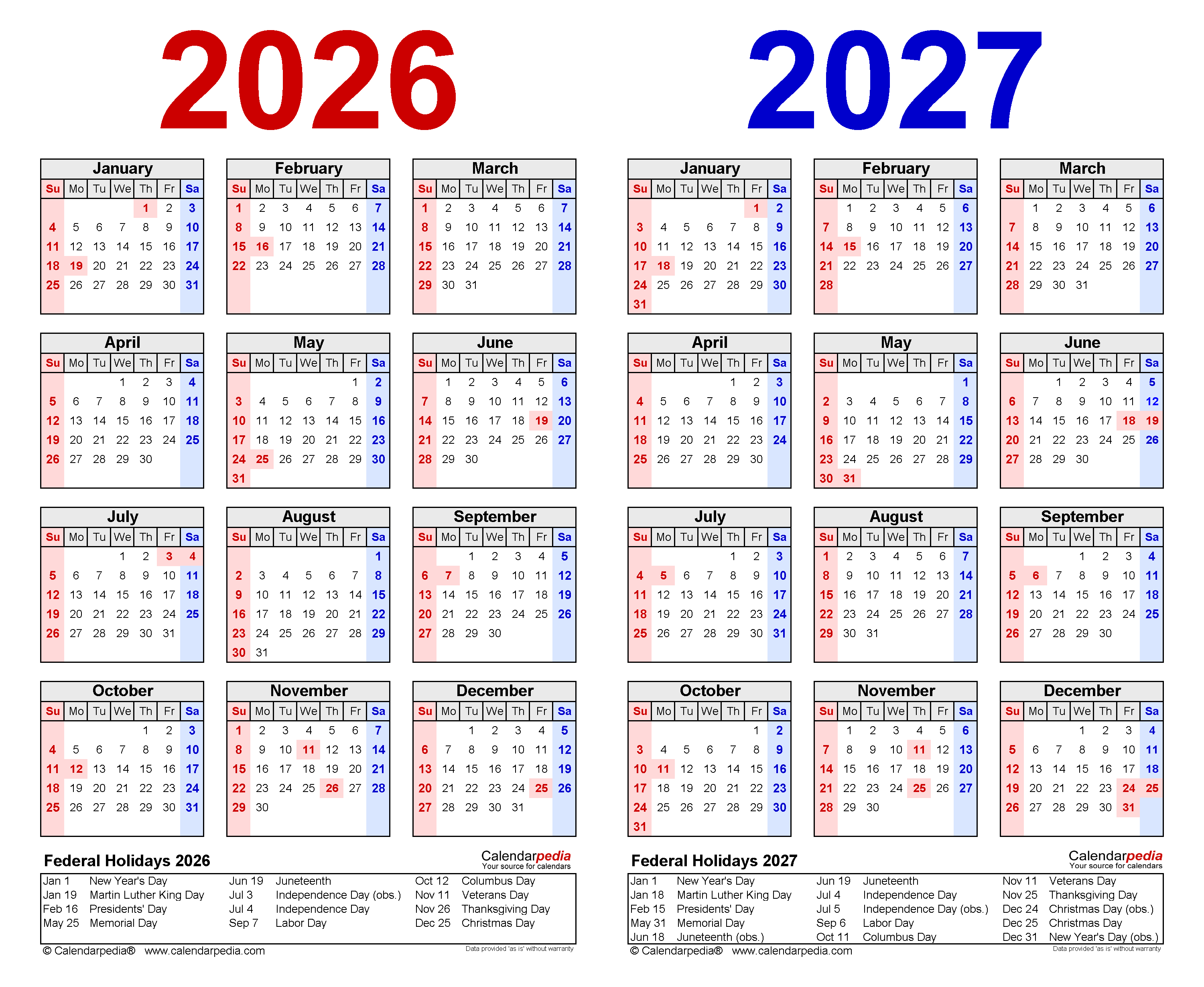 2026 2027 Two Year Calendar Free Printable PDF Templates