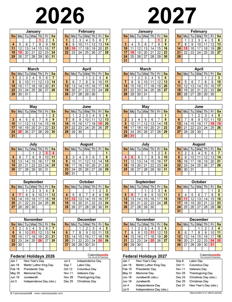 2026 2027 Two Year Calendar Free Printable Word Templates