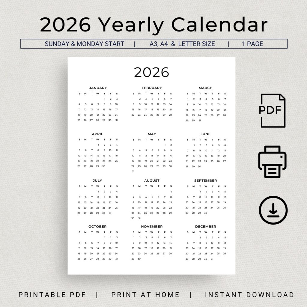 2026 Calendar 2026 Yearly Calendar Printable 2026 Wall Calendar 2026 