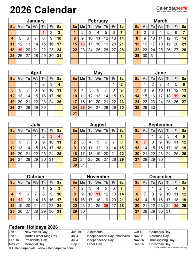 2026 Calendar Free Printable PDF Templates Calendarpedia