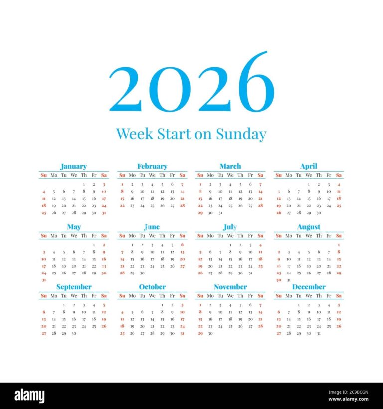 2026 Calendar With The Weeks Start On Sunday Stock Vector Image Art 