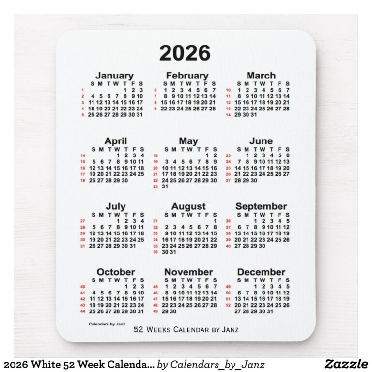 2026 White 52 Week Calendar By Janz Mouse Pad Zazzle Weekly Calendar Custom Calendar 