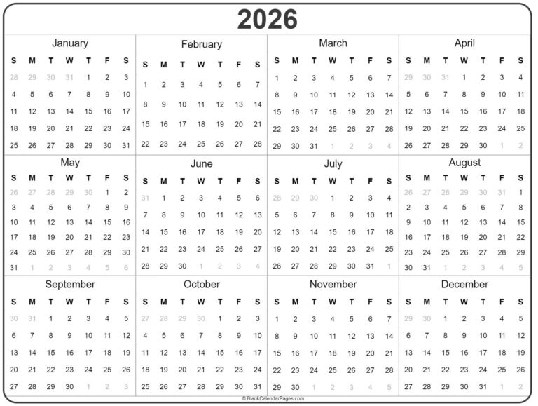 2026 Year Calendar Yearly Printable