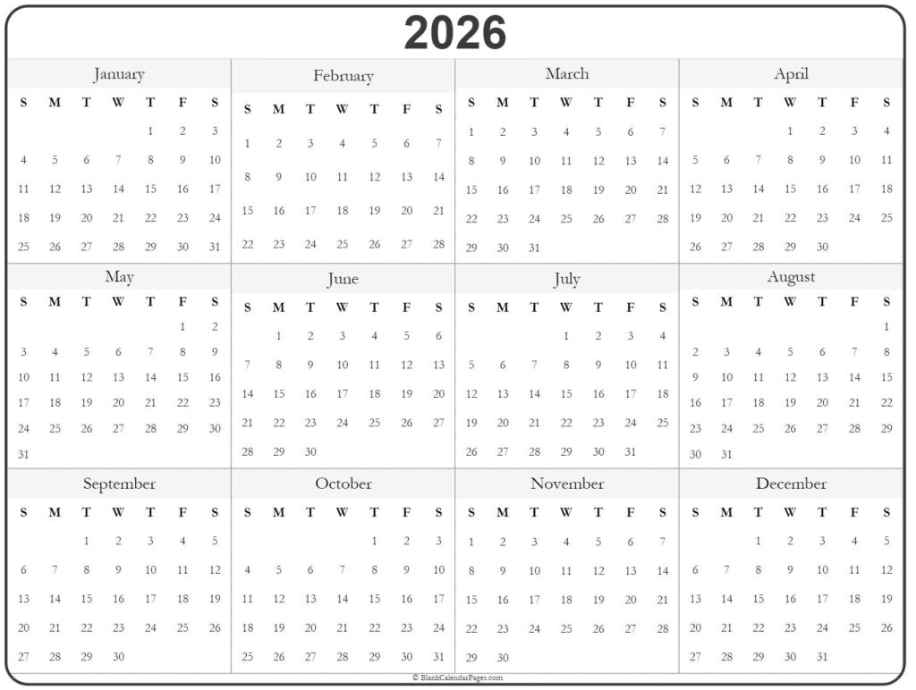 2026 Year Calendar Yearly Printable