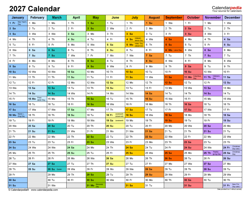 2027 Calendar Free Printable Word Templates Calendarpedia