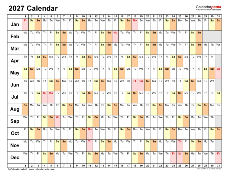 2027 Calendar Free Printable Word Templates Calendarpedia