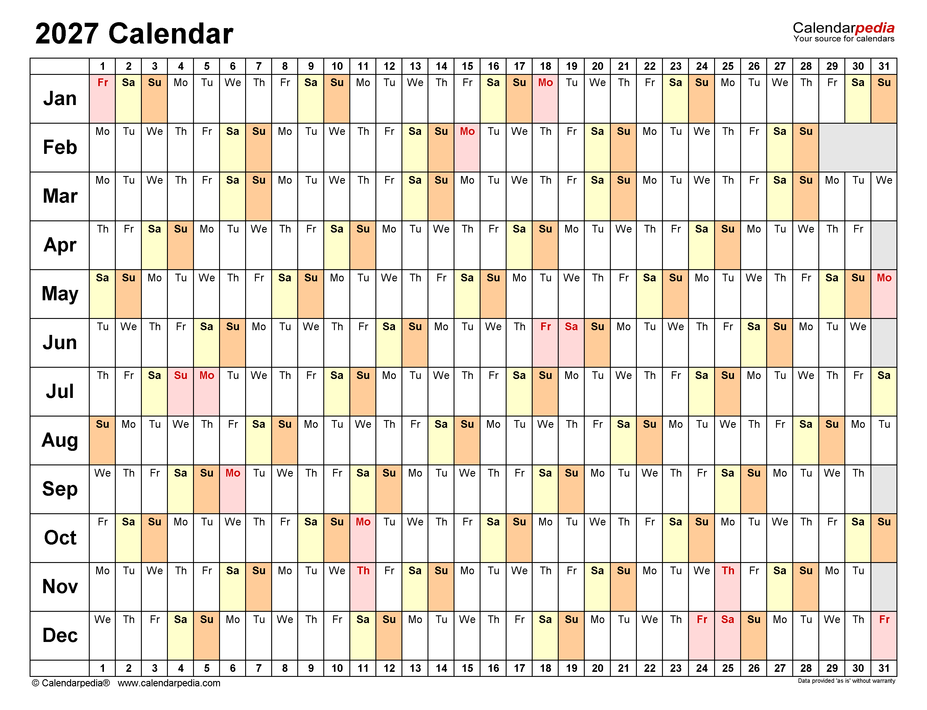 2027 Calendar Free Printable Word Templates Calendarpedia