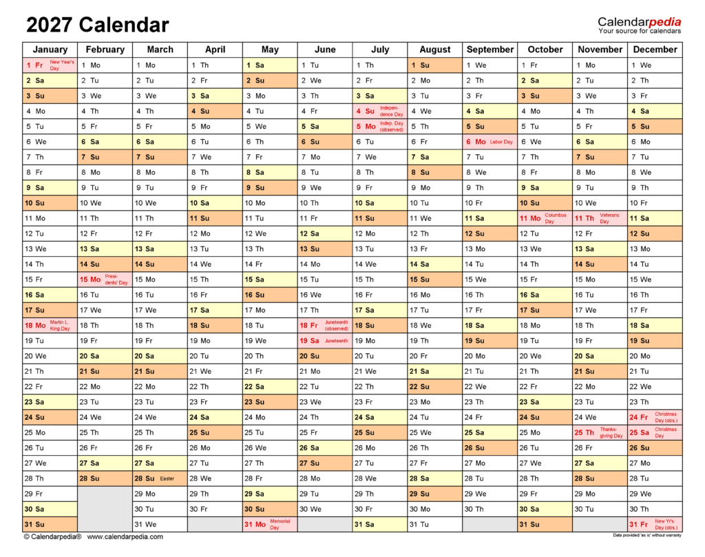 2027 Calendar Free Printable Word Templates Calendarpedia