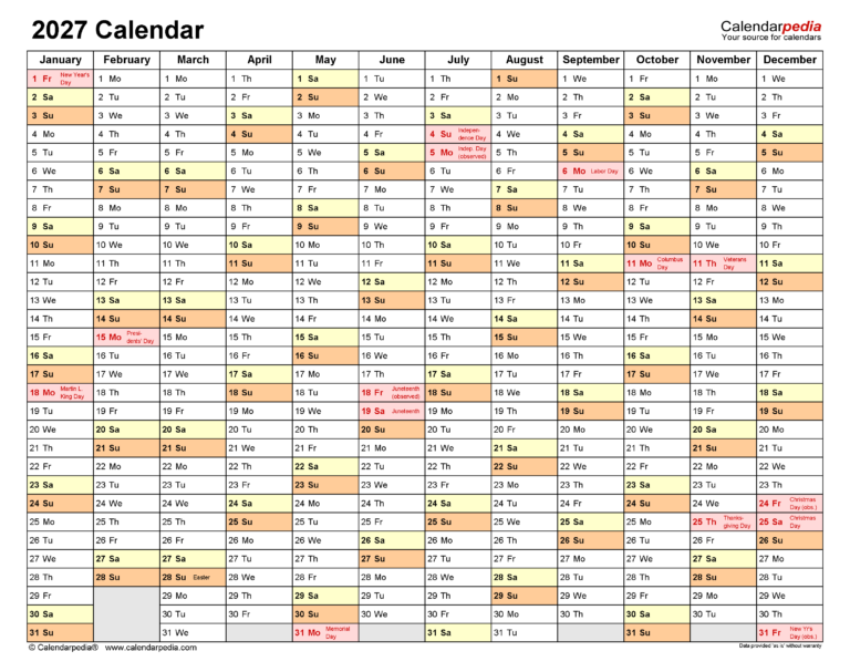 2027 Calendar Free Printable Word Templates Calendarpedia