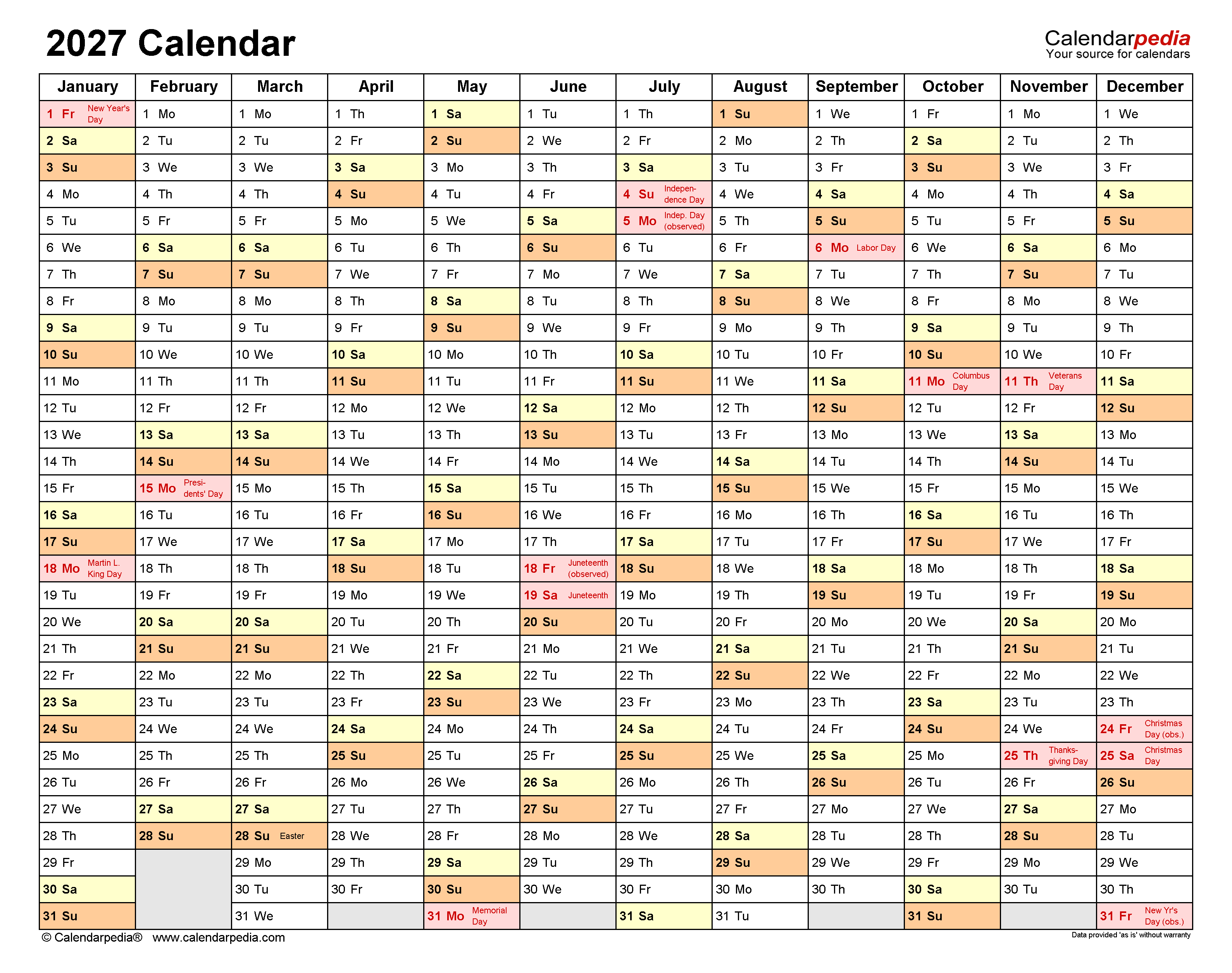 2027 Calendar Free Printable Word Templates Calendarpedia