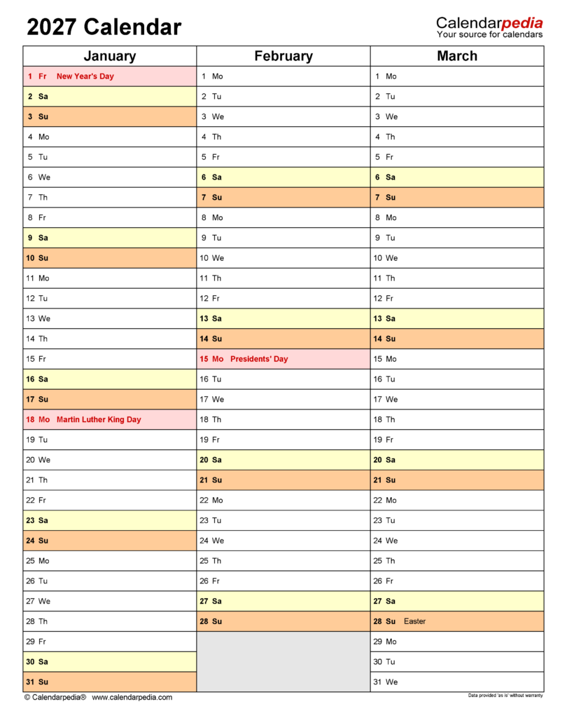 2027 Calendar Free Printable Word Templates Calendarpedia