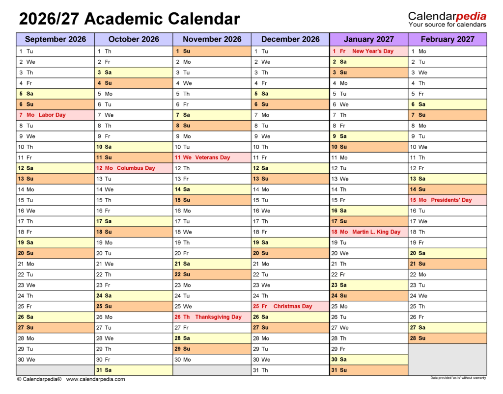 Academic Calendars 2026 2027 Free Printable Excel Templates