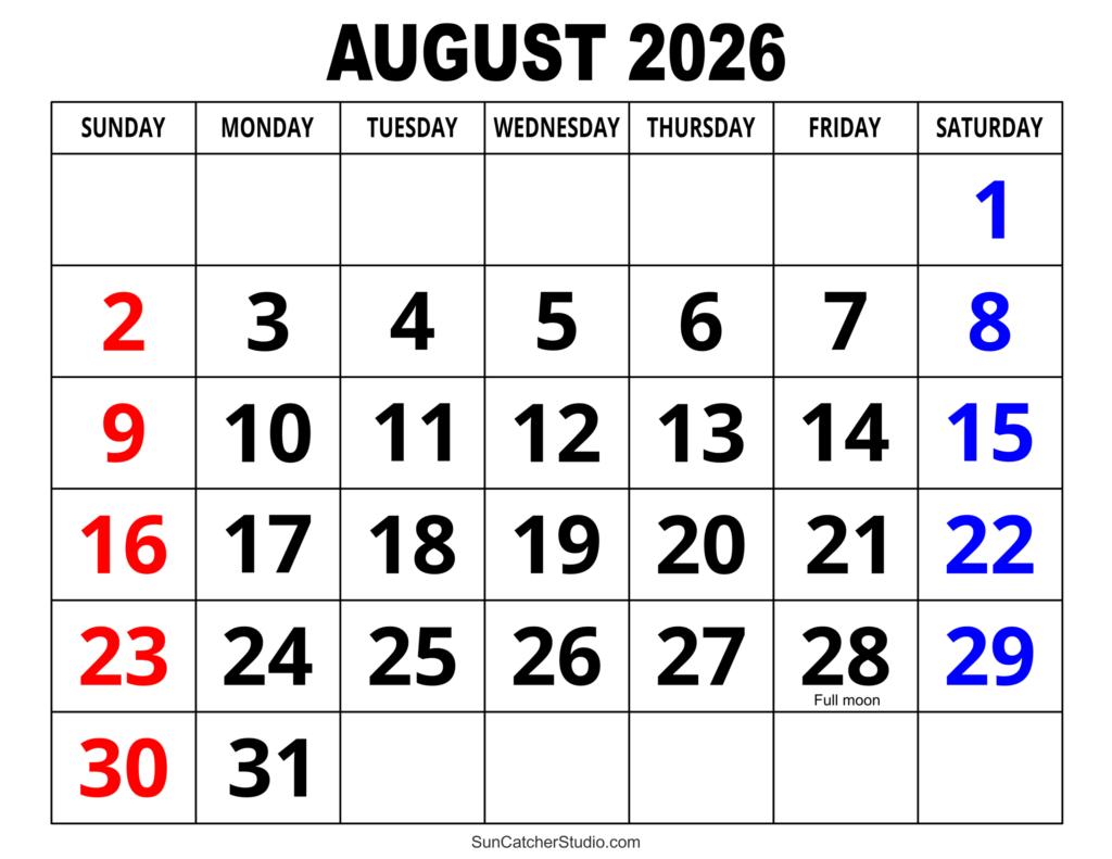 August 2026 Calendar Free Printable DIY Projects Patterns Monograms Designs Templates