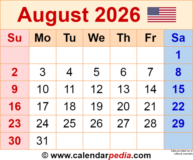 August 2026 Calendar Templates For Word Excel And PDF