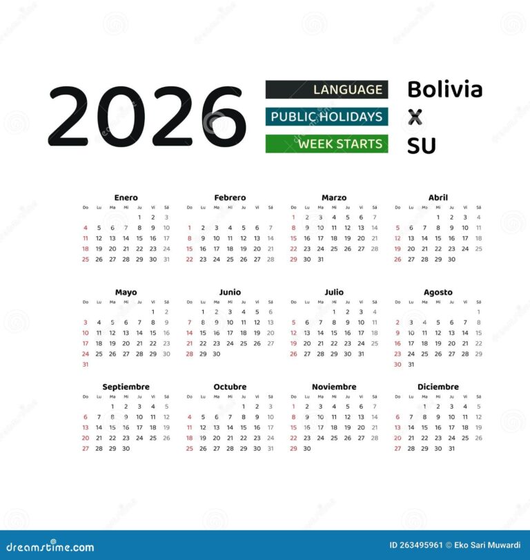 Bolivia Calendar 2026 Week Starts From Sunday Vector Graphic Design 