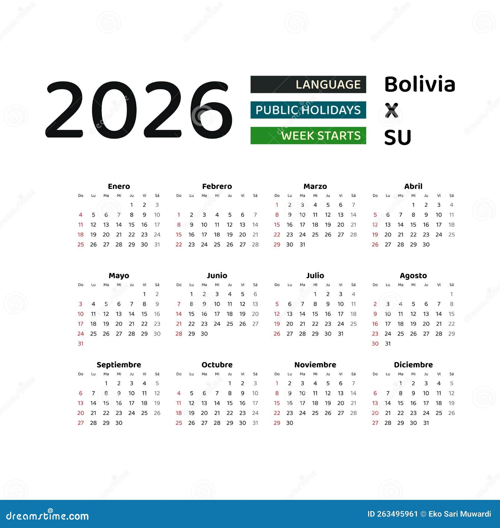 Bolivia Calendar 2026 Week Starts From Sunday Vector Graphic Design