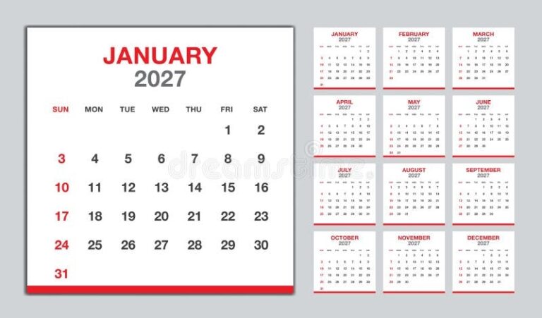 Calendar 2027 Year Red Design Monthly Calendar Template For 2027 Year 