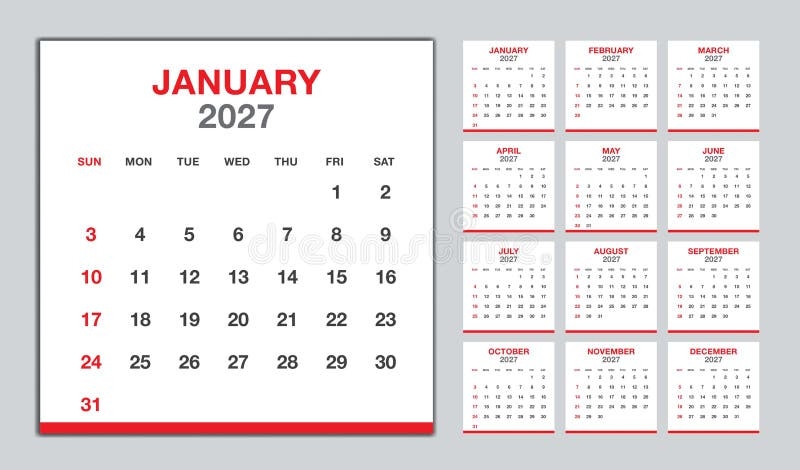 Calendar 2027 Year Red Design Monthly Calendar Template For 2027 Year