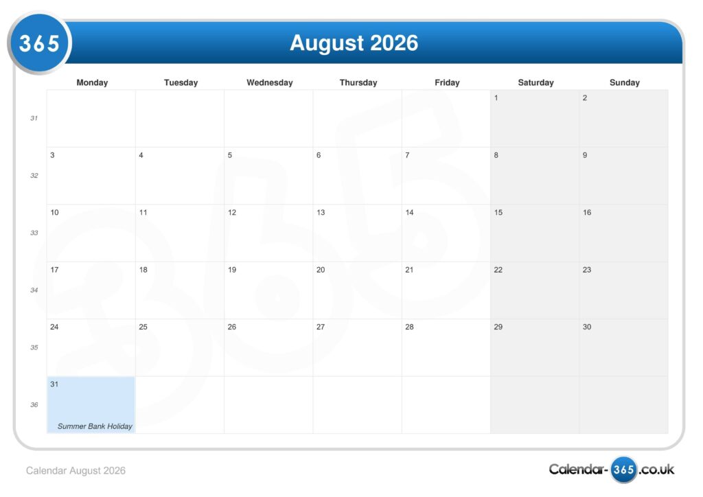 Calendar August 2026