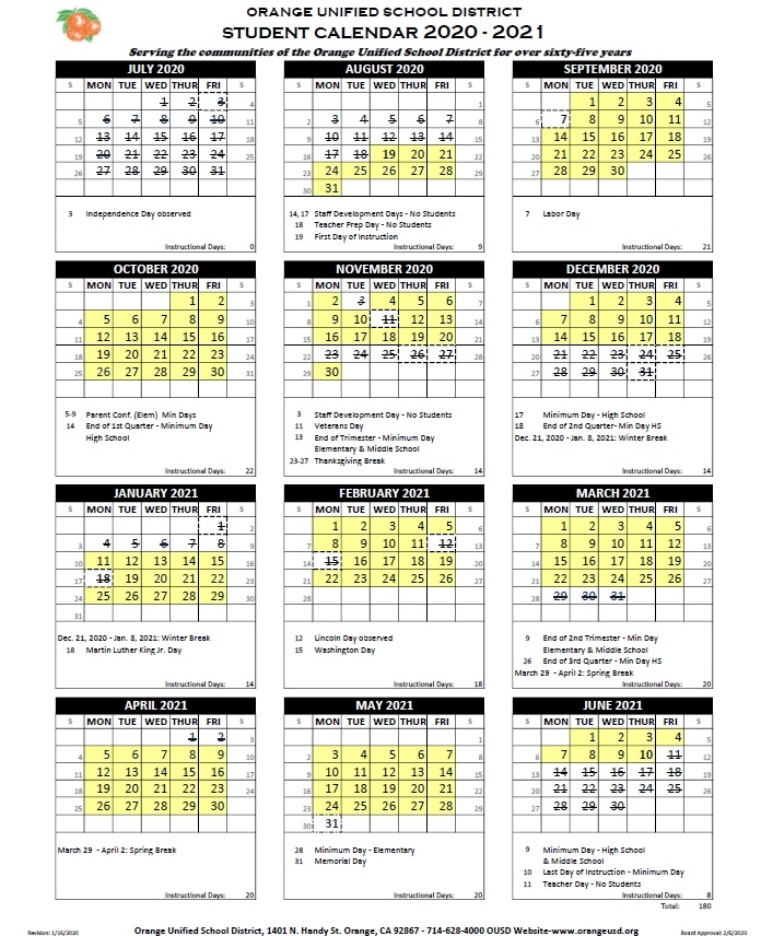 Calendar Orange Unified School District