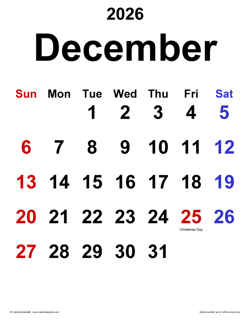 December 2026 Calendar Templates For Word Excel And PDF