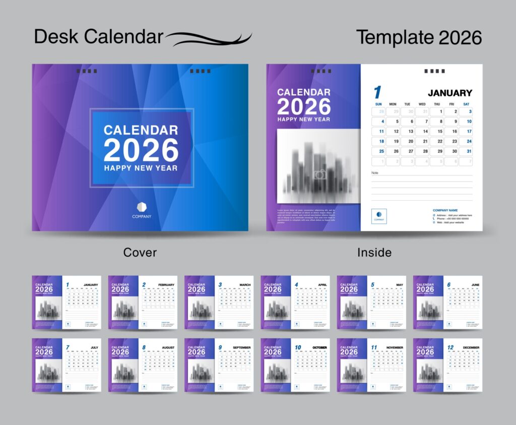 Desk Calendar 2026 Template Set And Blue Cover Design Set Of 12 Months 