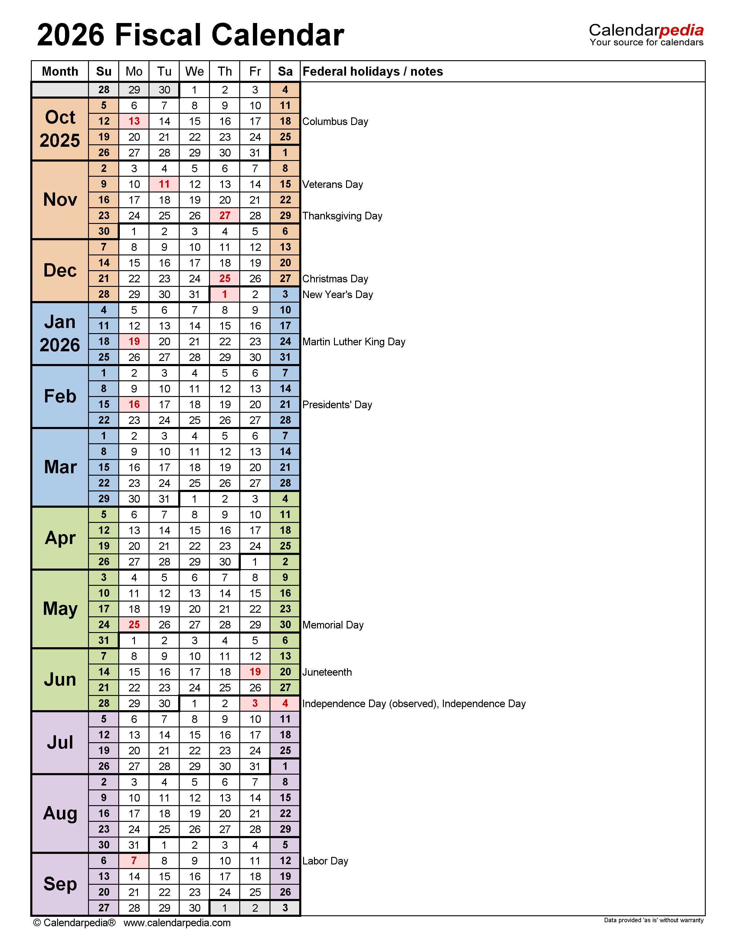 Fiscal Calendars 2026 Free Printable PDF Templates