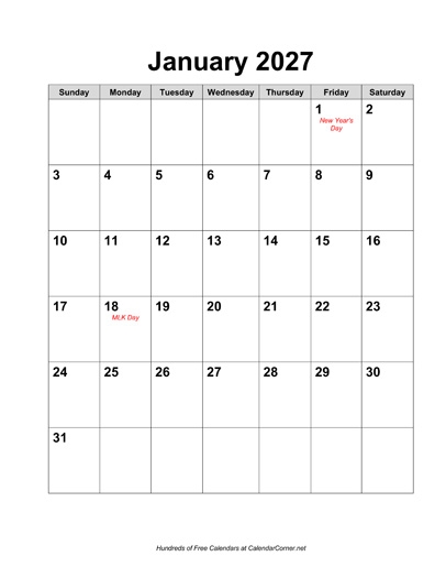 Free 2027 Calendar With Holidays