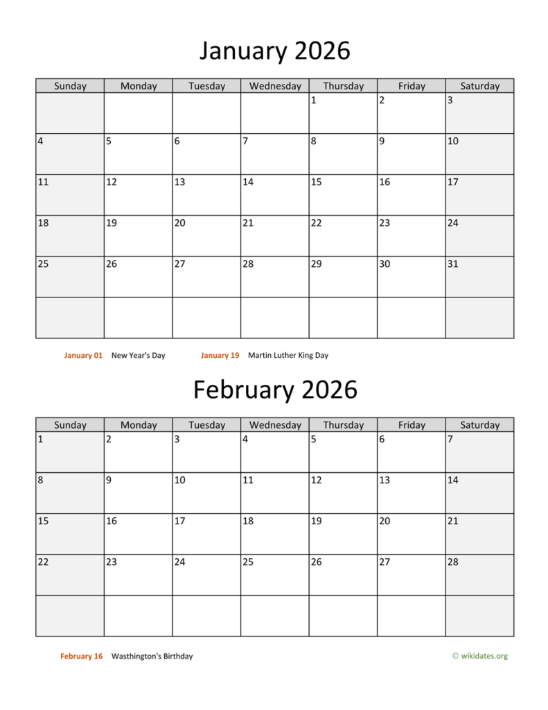 January And February 2026 Calendar WikiDates