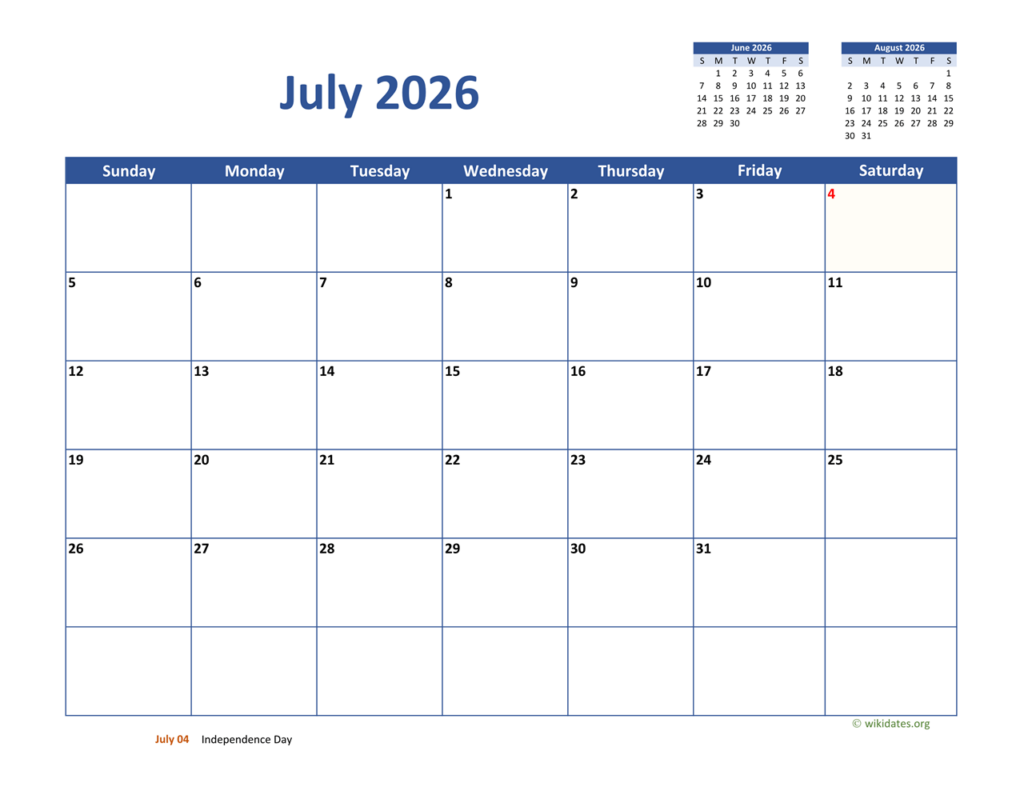 July 2026 Calendar Classic WikiDates