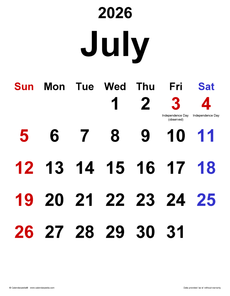 July 2026 Calendar Templates For Word Excel And PDF