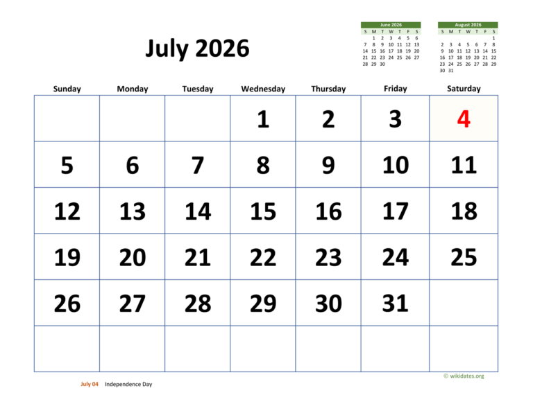 July 2026 Calendar With Extra large Dates WikiDates