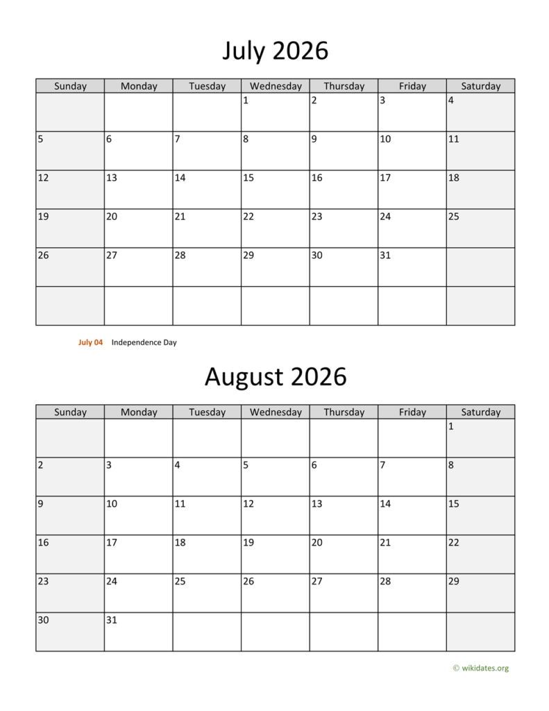 July And August 2026 Calendar WikiDates