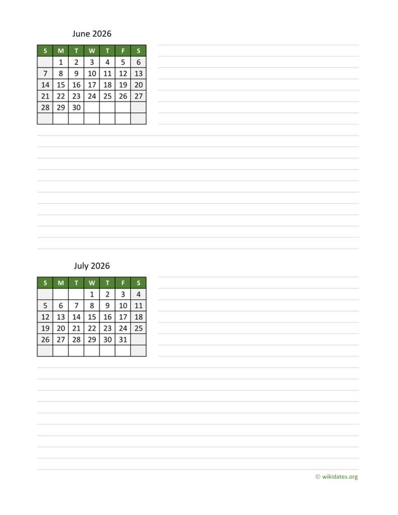 June And July 2026 Calendar WikiDates