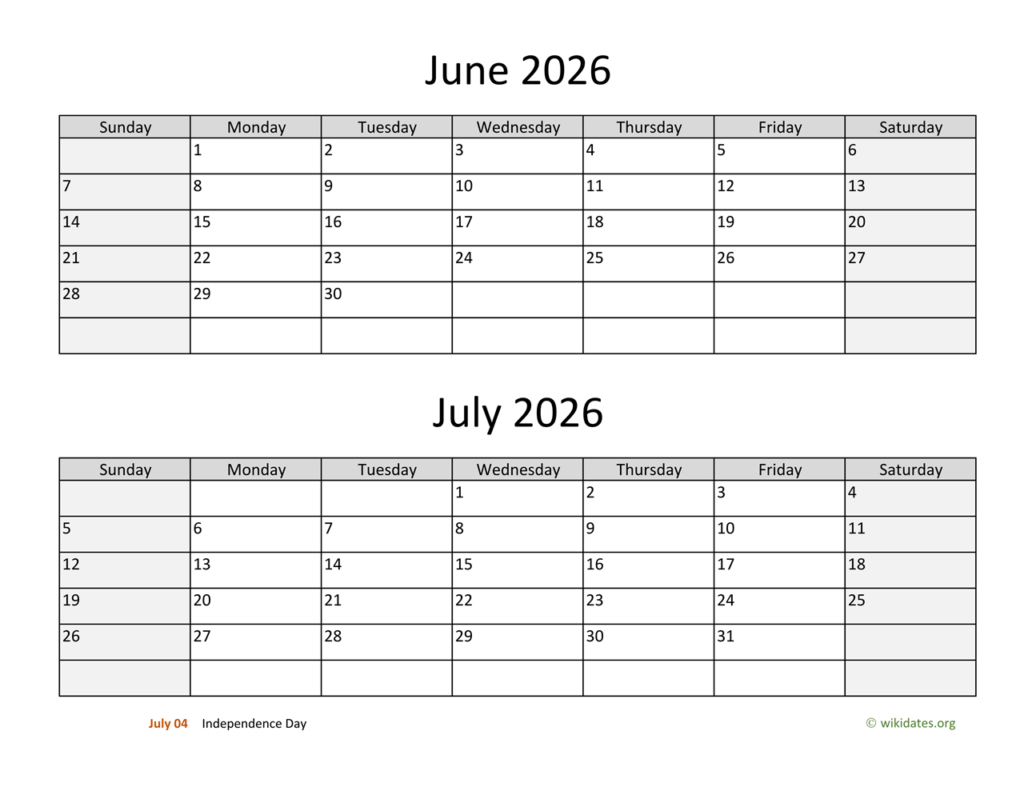 June And July 2026 Calendar WikiDates