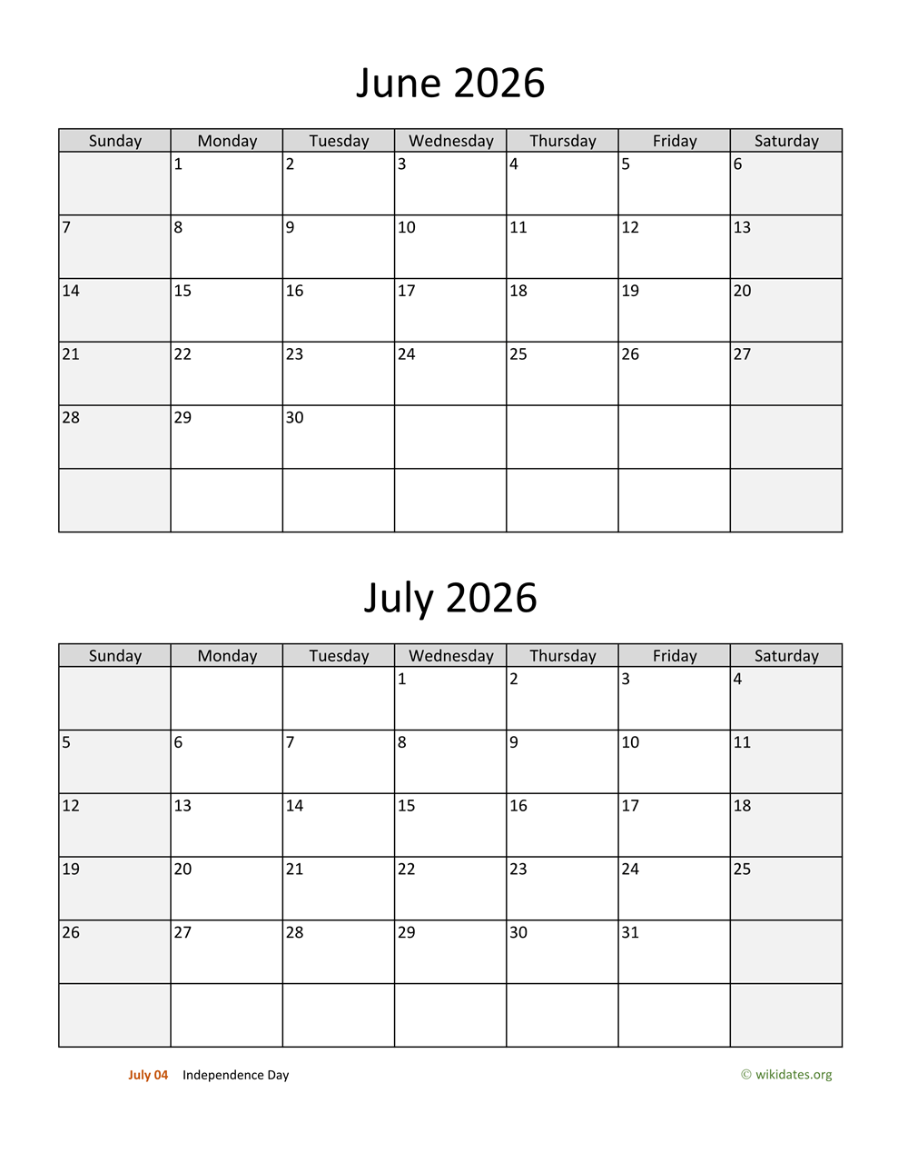 June And July 2026 Calendar WikiDates