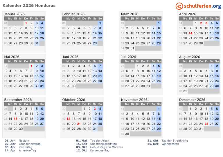 Kalender Honduras 2026 Mit Feiertage