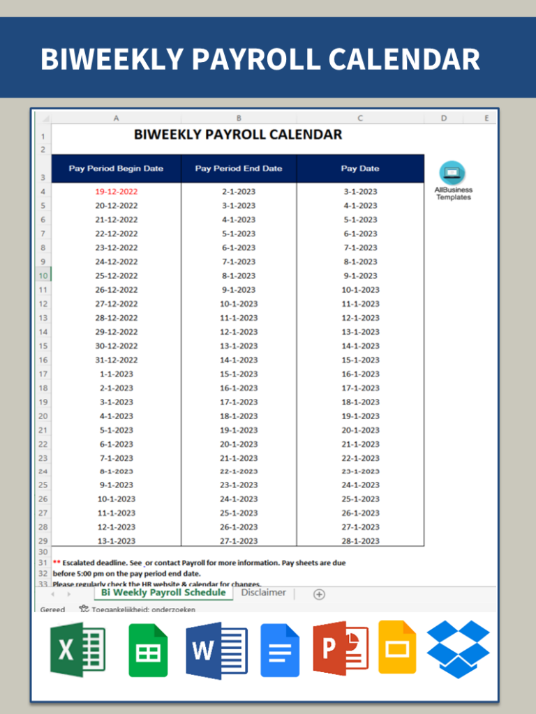 Kostenloses Bi Weekly Payroll Calendar