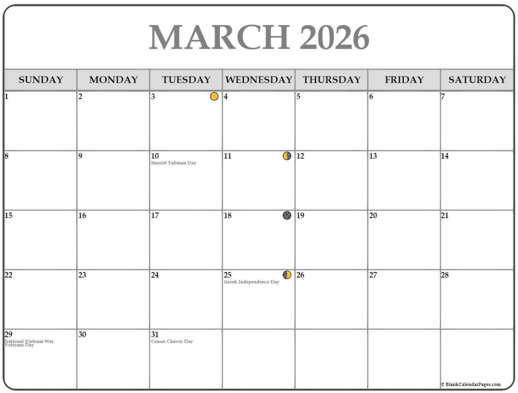 March 2026 Lunar Calendar Moon Phase Calendar