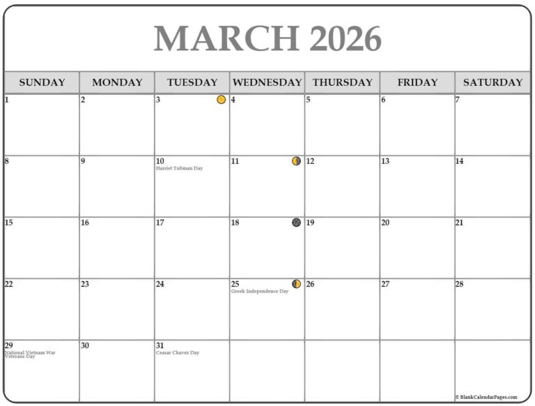 March 2026 Lunar Calendar Moon Phase Calendar