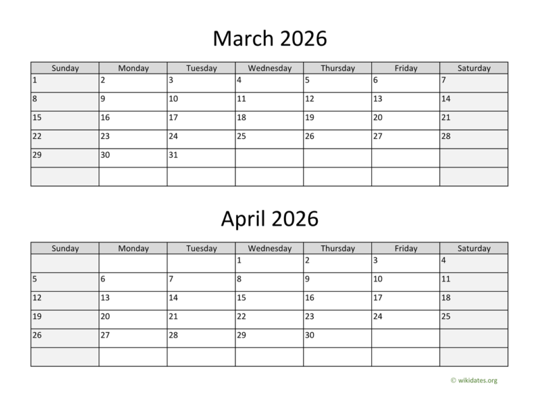 March And April 2026 Calendar WikiDates