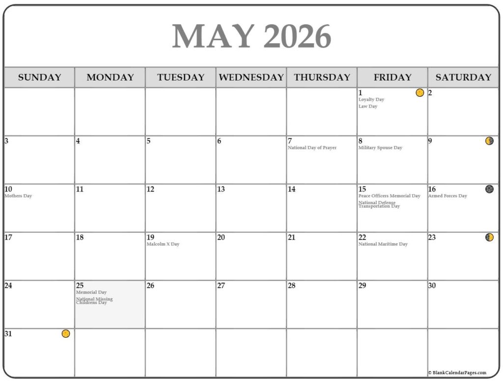 May 2026 Lunar Calendar Moon Phase Calendar