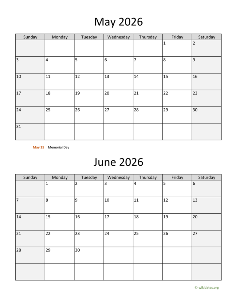 May And June 2026 Calendar WikiDates